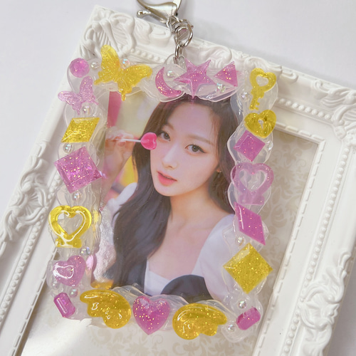 フォトインキーホルダー円形推し活ブルーホイップデコキーホルダー