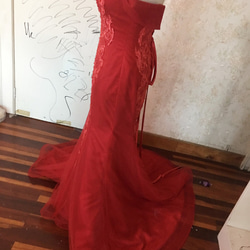 美品！ウエディングドレス 赤 カラードレス ワインレッド  マーメイドライン 繊細レース 2枚目の画像