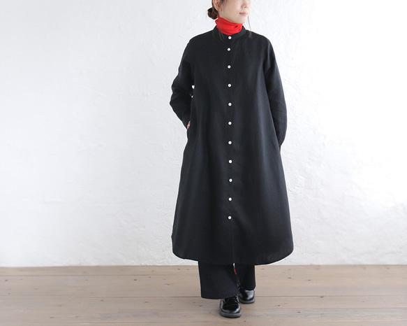 適合季節變換的亞麻2路立領襯衫裙（黑色）OP33。 第4張的照片