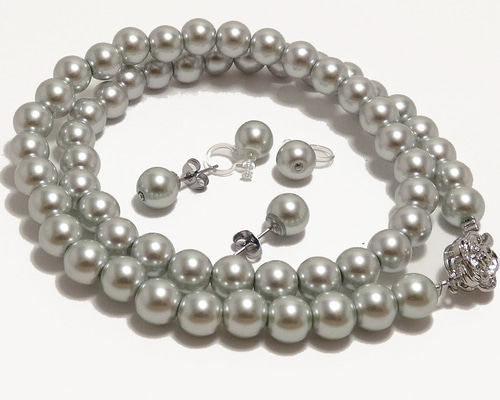 天然真珠ネックレス イヤリング セット パール ブルーイッシュグレー 925金具 花珠貝パール グレー 黒真珠ネックレス イヤリング or ピアス