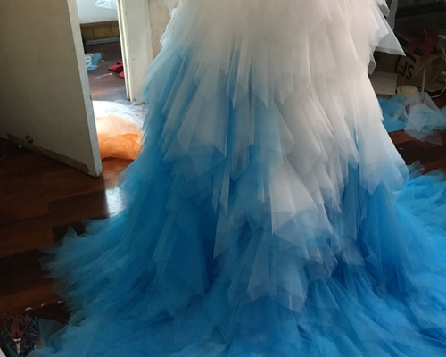 豪華！爽やかで優しいブルー オーバードレス 巻きチュールスカート  