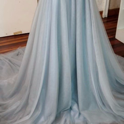 優雅藍灰色罩衫薄紗裙新娘華麗拖尾 第1張的照片