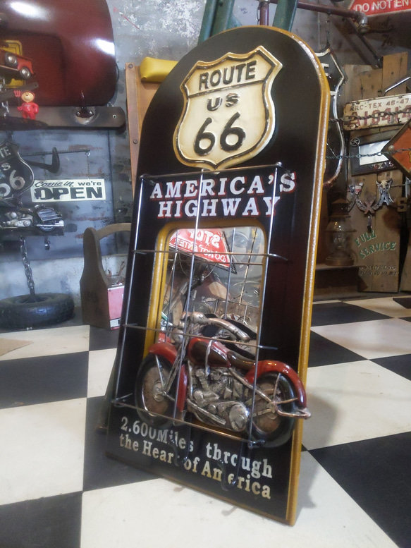アメリカン  ウォールデコレーションミラー  ルート66 & アメリカンバイク  #ハンギングフック  #ウォールミラー 1枚目の画像