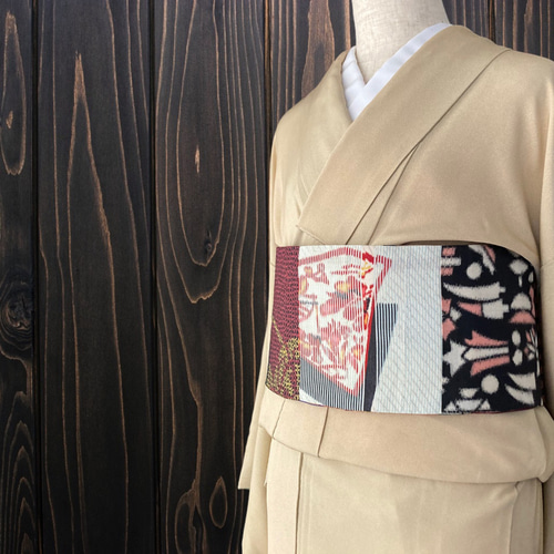 mアンティーク着物銘仙切嵌風(きりばめふう）半幅帯