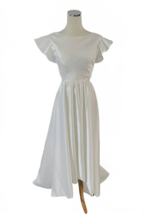 パーティードレス スレンダーライン フィッシュテール ラウンドネック 花嫁 拳式 二次会 細見えシルエット