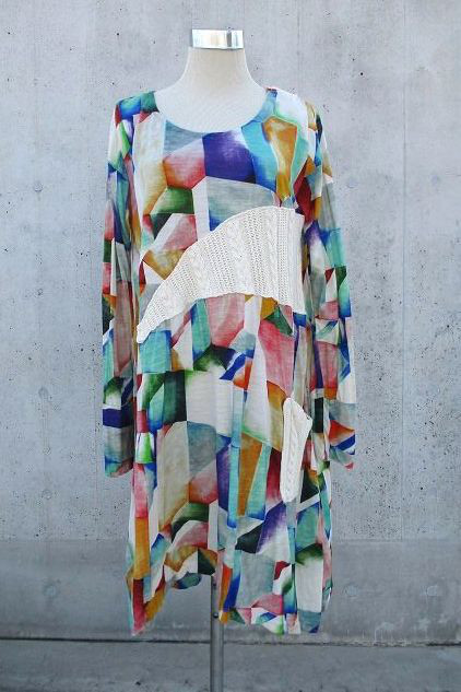【SALE】カラフルなモダン幾何柄プリントとケーブルニット　ワンピース　1点物