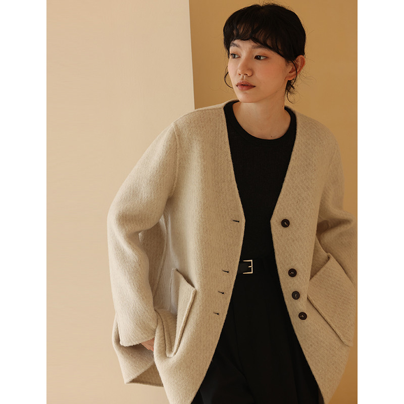 ウール混紡コート　Vネックコート　ツイード生地コート　ベージュ　S-XL #352