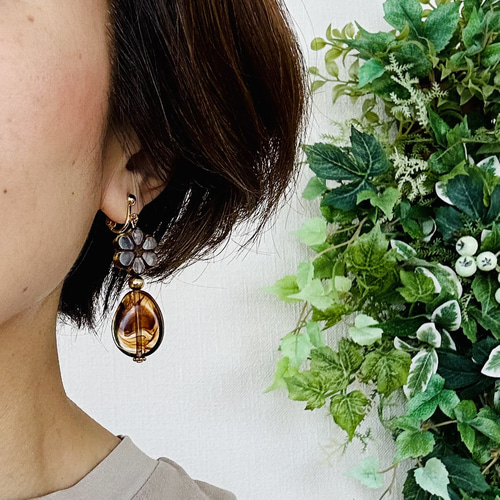 SP53】お花のべっこうイヤリング/ピアス イヤリング・ノンホールピアス