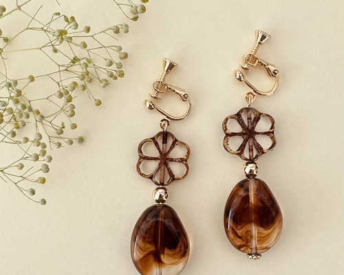 SP53】お花のべっこうイヤリング/ピアス イヤリング・ノンホールピアス