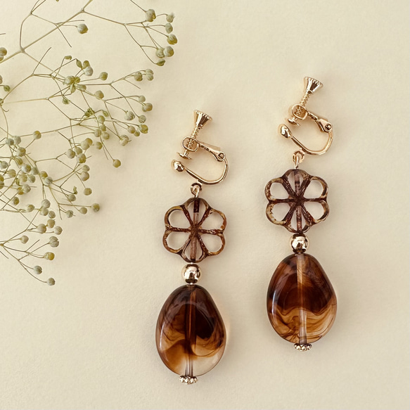 SP53】お花のべっこうイヤリング/ピアス イヤリング・ノンホールピアス 