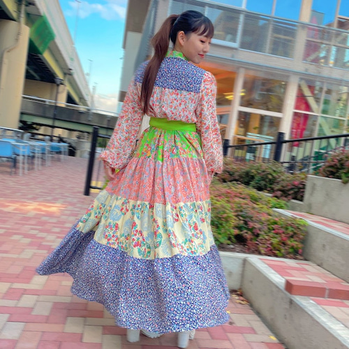 着物リメイク】1点もの シルク100% ロングティアードワンピースドレス  