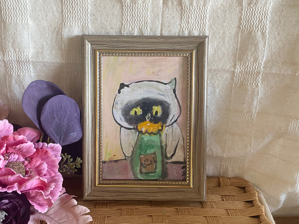 絵画。原画手描き【シャム猫は美味しいビールをコレクションした】 3枚目の画像