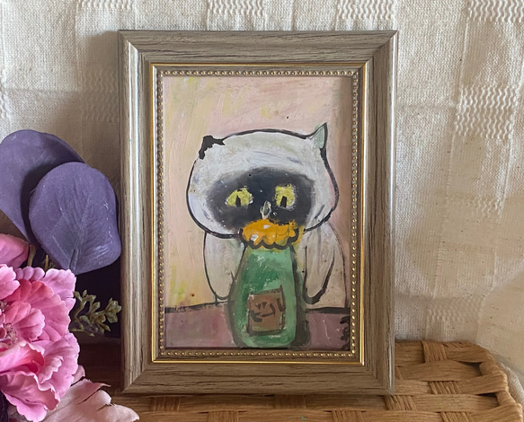 絵画。原画手描き【シャム猫は美味しいビールをコレクションした】 1枚目の画像