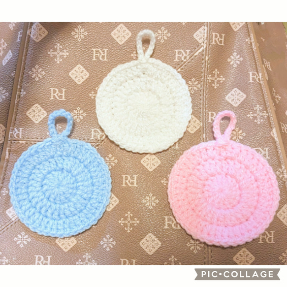 大人可愛い♡アクリルたわし３枚セット　　　　　　　　　エコたわし　紐付き 1枚目の画像