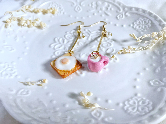 荷包蛋吐司×牛奶(櫻花粉杯)耳環  (耳勾/耳夾) 第1張的照片