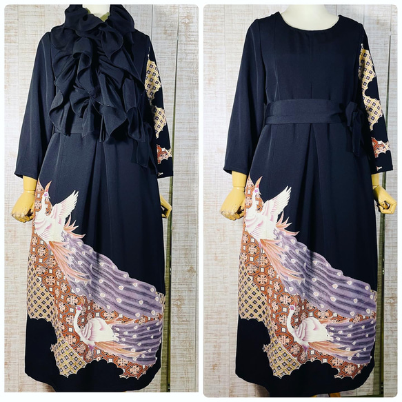 着物リメイクワンピース留袖ドレス孔雀刺繍黒留袖ストール結婚式披露宴