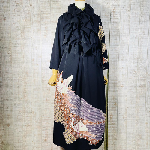 着物リメイクワンピース留袖ドレス孔雀刺繍黒留袖ストール結婚式披露宴