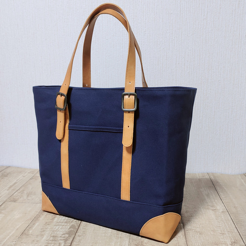 帆布×本革仕切りトートバッグ(ネイビー) トートバッグ orijin