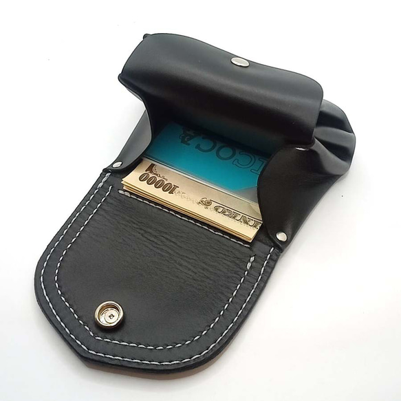 本革レザーミニウォレットパイソン蛇革×ブラック黒色牛革コンパクトミニ財布ハンドメイドレザークラフト 8枚目の画像
