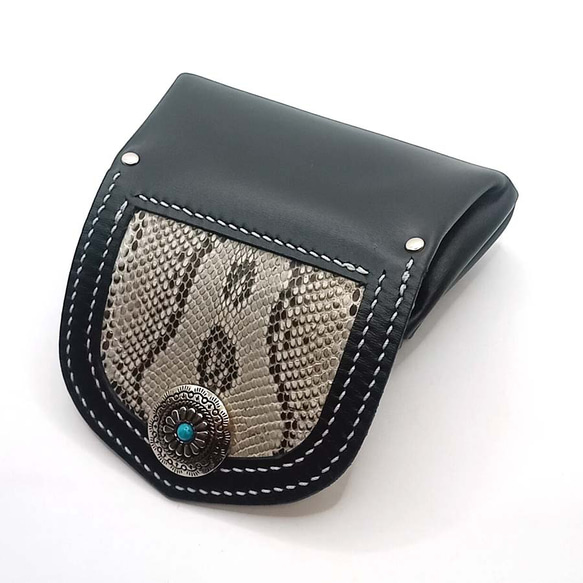 本革レザーミニウォレットパイソン蛇革×ブラック黒色牛革コンパクトミニ財布ハンドメイドレザークラフト 6枚目の画像