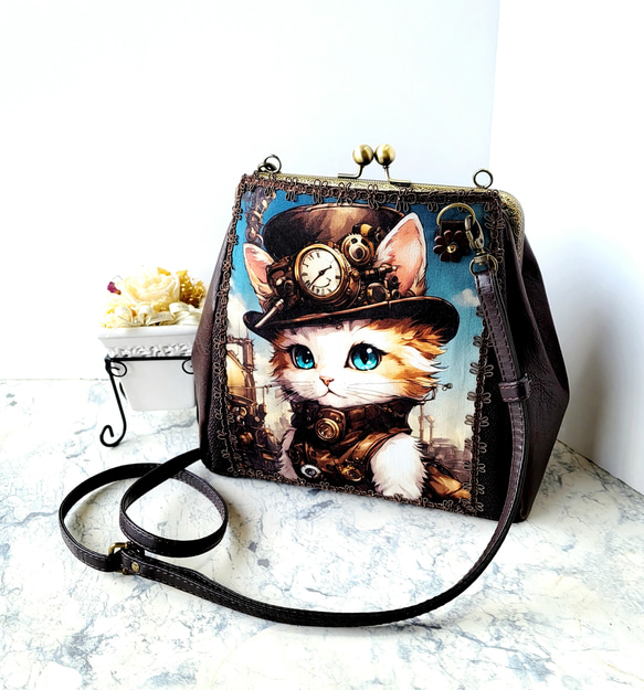 マヂ付きあおりポケットのがま口ショルダー(スチームパンクな猫⑴