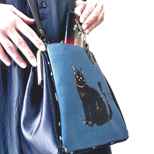 マチ付きあおりポケットのがま口ショルダー(スチームパンクな猫⑵