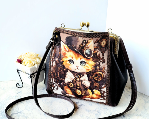 マチ付きあおりポケットのがま口ショルダー(スチームパンクな猫⑵