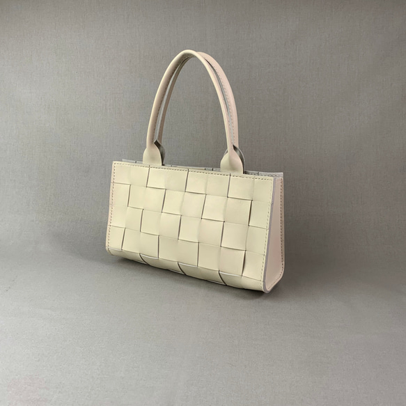 格子編みの本革ハンドバッグ(オフホワイト) ハンドバッグ Z-chan