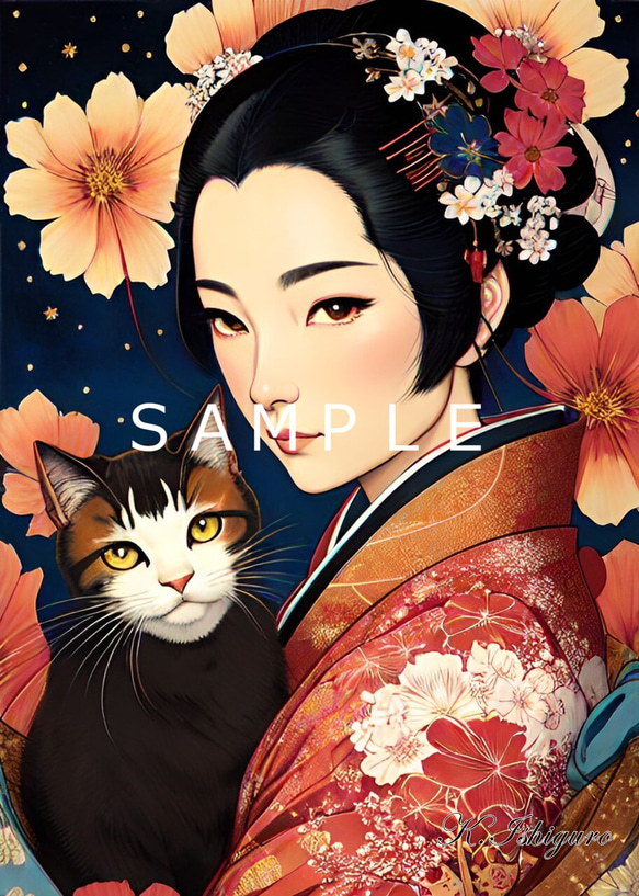 猫と女性と花(オリジナルイラスト)A4額付き　№s-2820 1枚目の画像