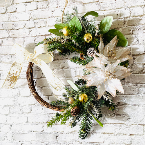 ホワイトポインセチアのクリスマスリース クリスマスリース クリスマス
