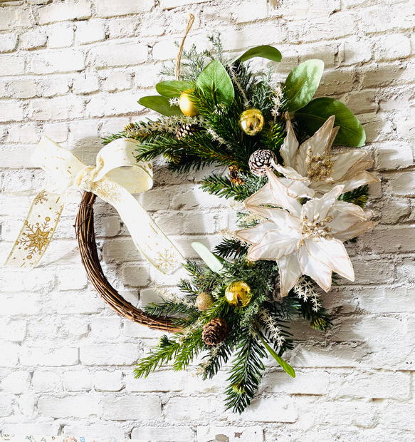 ホワイトポインセチアのクリスマスリース クリスマスリース クリスマス  