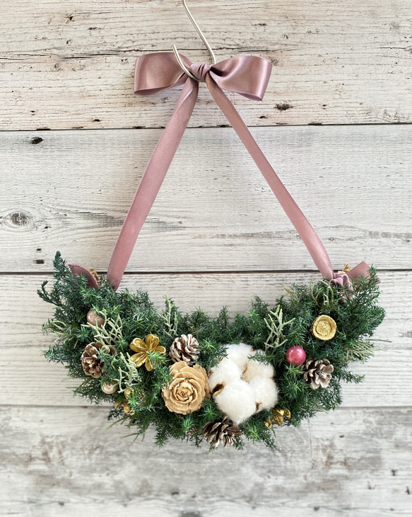 コニファーと木の実のハーフリース クリスマスリース コットンフラワー コニファーと木の実のハーフリース クリスマスリース コットンフラワー