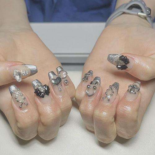 No.81】シルバーフレンチ♡地雷 パーツ 量産型 サブカル ネイル