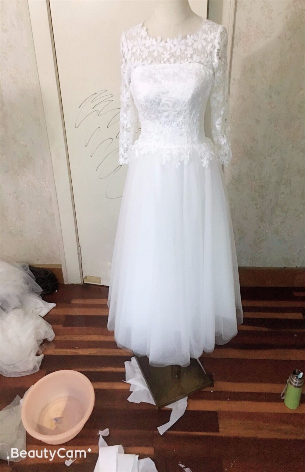 エレガント ウエディングドレス レース ソフトチュール Aライン ミモレ丈 半袖 ワンピース  パーティドレス