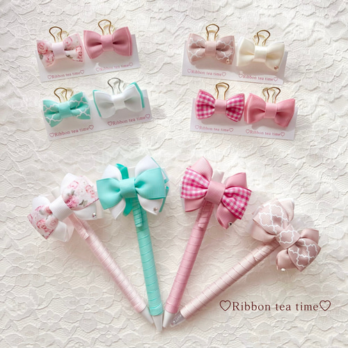 ୨୧ リボンペン（ボールペン）&リボンクリップ♡set 選べるカラー