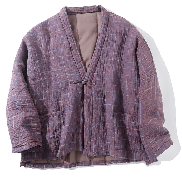 先染めリネンジャケット　中綿リネンジャケット　柔らかくて暖かい羽織り　パープル　フリーサイズ　L285PU 1枚目の画像