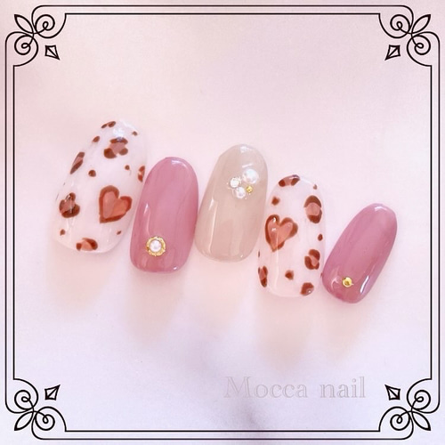 329】ハートレオパード×アッシュパープル ネイルチップ 推し活/デート