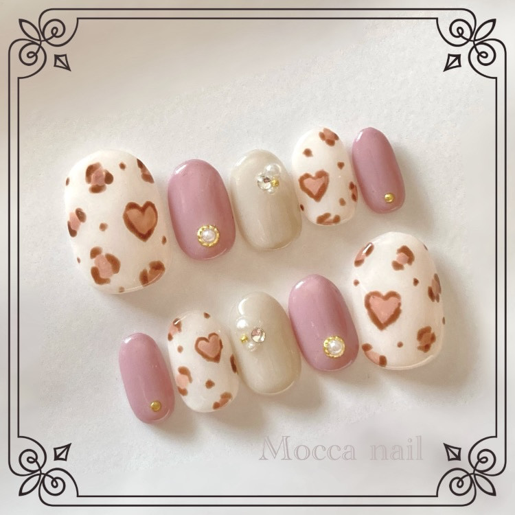 329】ハートレオパード×アッシュパープル ネイルチップ 推し活/デート  