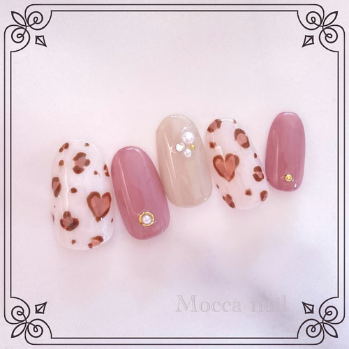 329】ハートレオパード×アッシュパープル ネイルチップ 推し活/デート  