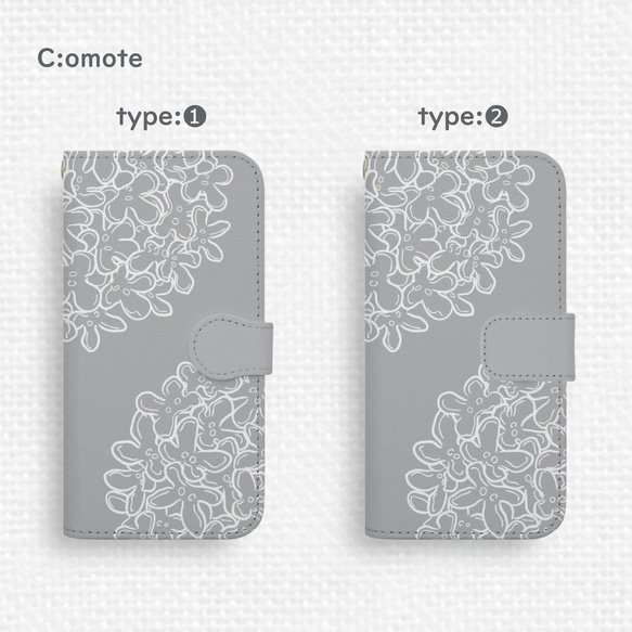 送料無料★まんまる金木犀のAndroid手帳型スマホケース アイスグレー 全機種対応 モノトーン ホワイト クラシック 4枚目の画像