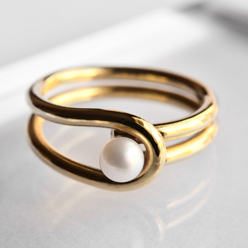 アンティーク9金パールリング 淡水パールリング｜真鍮 ゴールド ブラス 淡水真珠 ハンドメイド 指輪