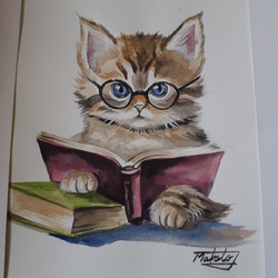 水彩画　夢中で読書する猫 2枚目の画像