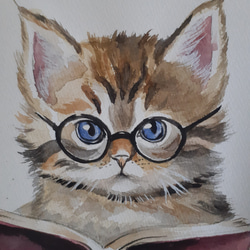 水彩画　夢中で読書する猫 4枚目の画像