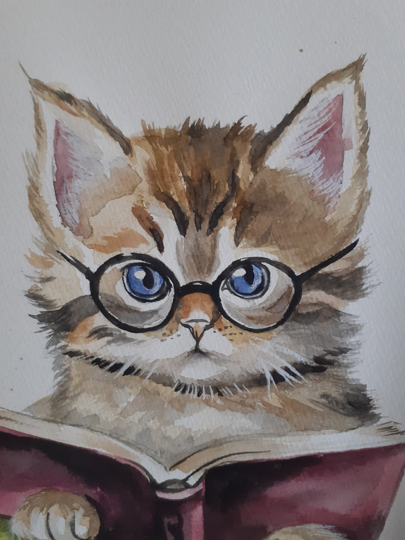 水彩画　夢中で読書する猫 4枚目の画像