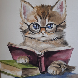 水彩画　夢中で読書する猫 3枚目の画像