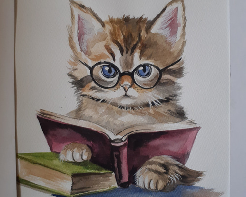 水彩画 夢中で読書する猫 絵画 makochin 通販 16728262｜Creema