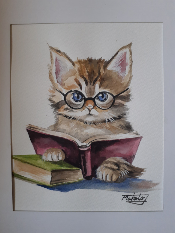 水彩画　夢中で読書する猫 1枚目の画像
