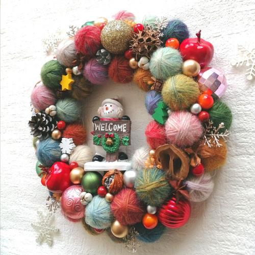 【販売済】毛糸玉リース★クリスマス カラフルでにっこり☆毛糸玉のクリスマスリース（中） 毛糸玉リース