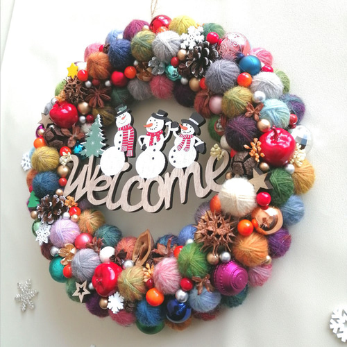 カラフルでにっこり☆毛糸玉のクリスマスリース（特大