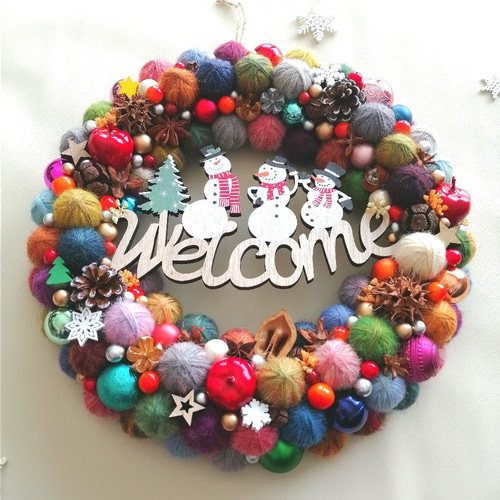 カラフルでにっこり☆毛糸玉のクリスマスリース（特大） クリスマス